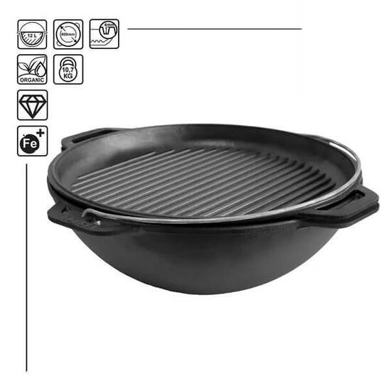 Āzijas čuguna katls ar čuguna vāku-grillpanna 12 L TM "BRIZOLL" Ø 400 mm